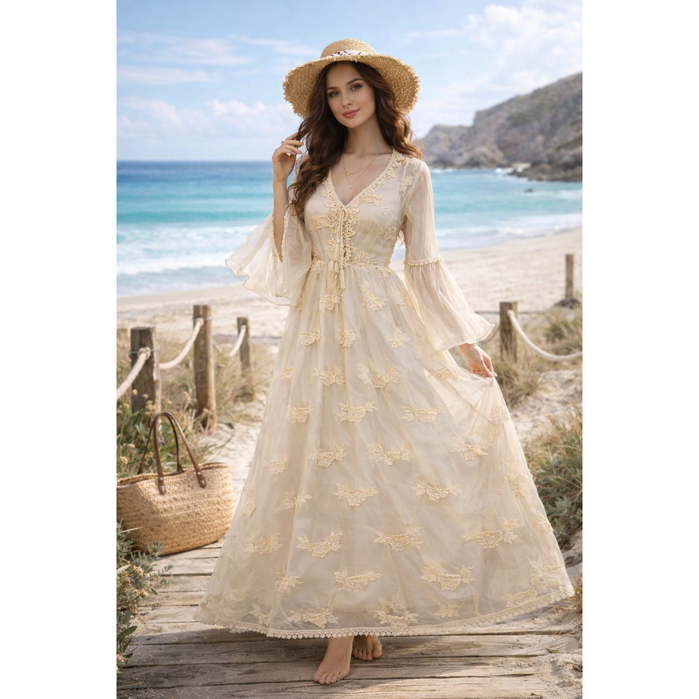 Lucy Paris Fairy Sheer boho chic Crochet bell sleeve Maxi dress Ethereal Med - Picture 4 of 16